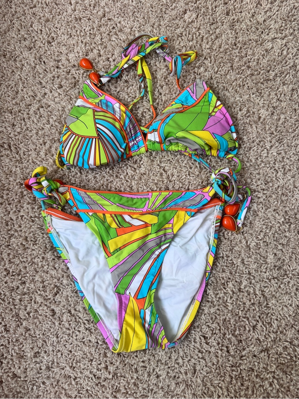 Trina Turk Multicolor Abstract Tie Bikini with Orange Trim- Worn Once